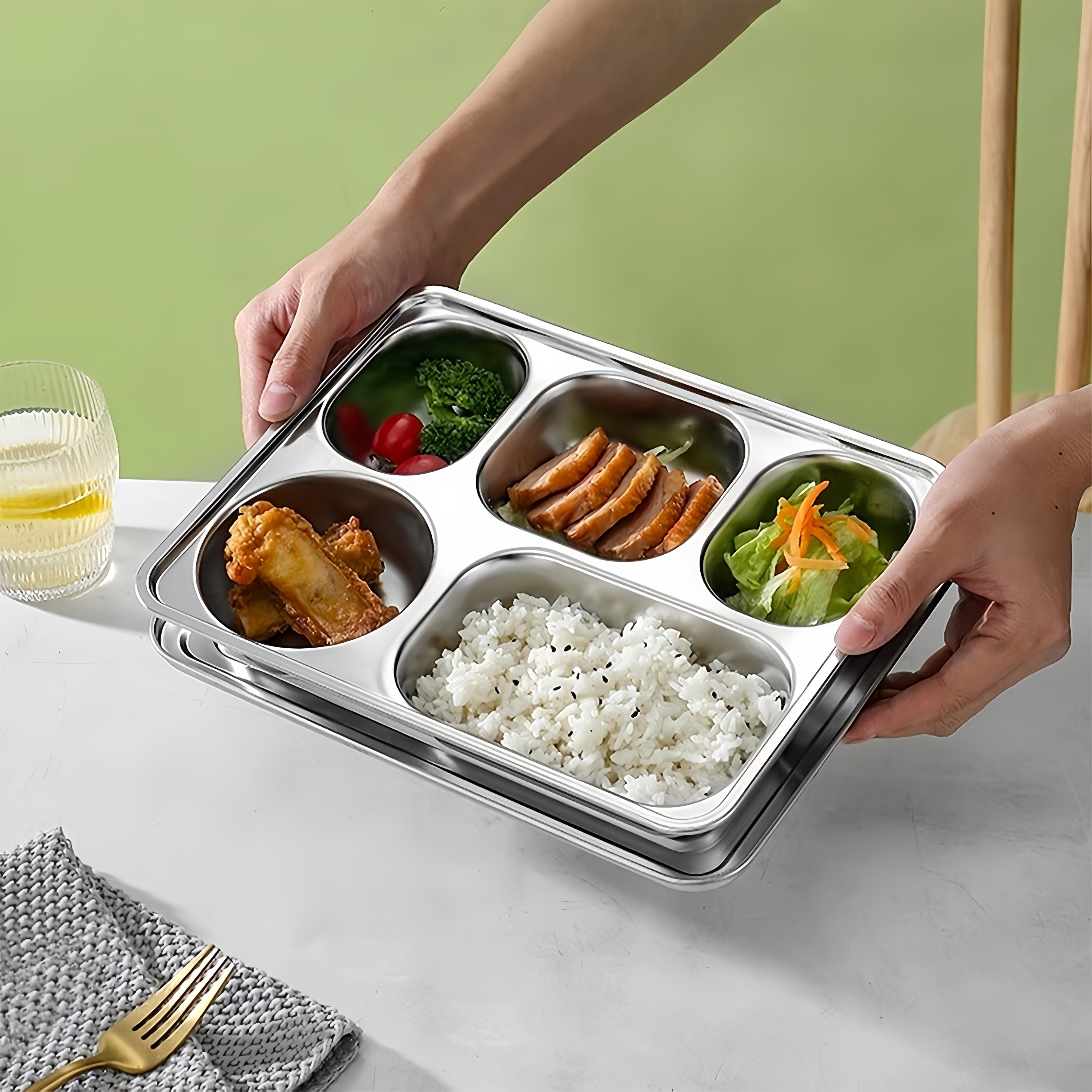2pcs large 11 inch stainless steel rectangular divided plates 5 section dinner plates for adults campers and portion control lunch containers 2pcs unbreakable rectangular plates for everyday use