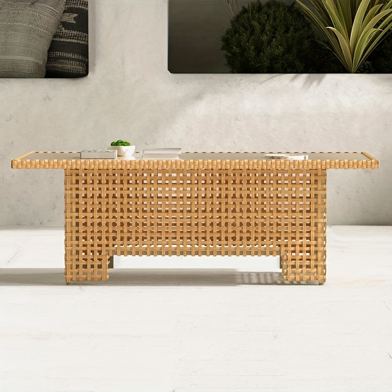 [Outdoor Wicker Table] Extendable Outdoor Wicker Coffee Table Measuring 51.25 Inches in Length And 27 Inches in Width, Featuring a Luxurious Brown Woodgrain End That Offers a Natural Feel And Outstanding Durability