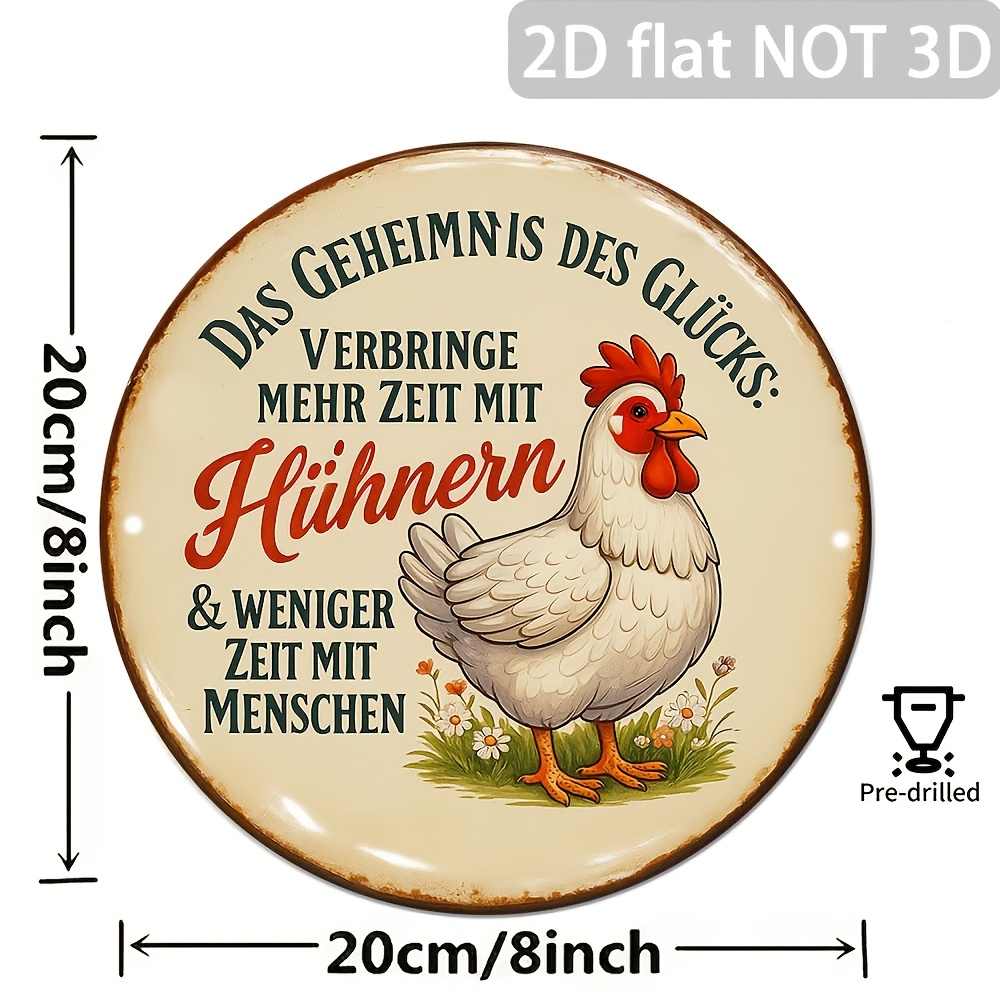 E-shop 2D Flach, . Deutschsprachiges " des Glücks" Hühner-Zitat Metallschild, Vintage Deutschsprachige Wandkunst mit Hahn & , Bauernhaus Küche Café für