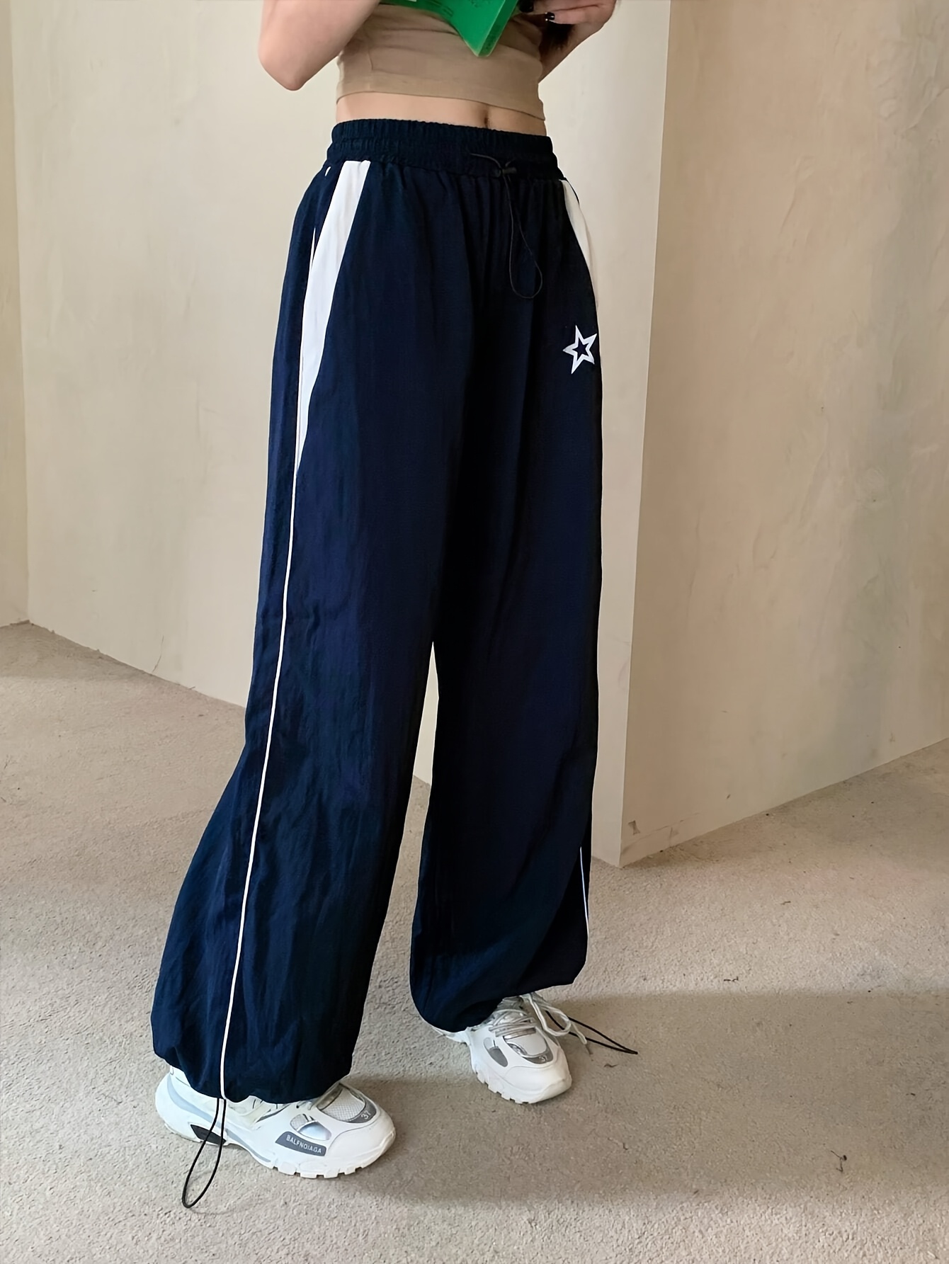 Flowy Lightweight Summer Joggers Women'S Navy Blue Wide-Leg