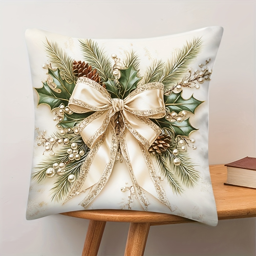 TEMU 1pc, Vintage Christmas Shawl Pillow Cover, Short Plush Polyester, 45.72x45.72 Cm, Featuring An Elegant Bow, Christmas Tree, Holly, Pine Cones,