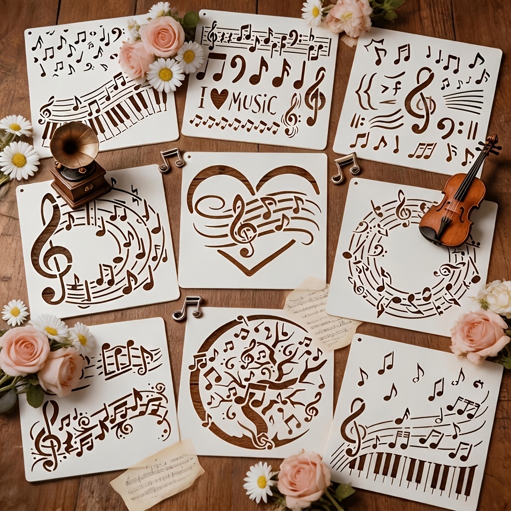 TEMU Ensemble de 9 modèles de peinture avec notes de musique et clés de sol, de piano, notes d', modèles de d'art de partitions de musique de cœur,