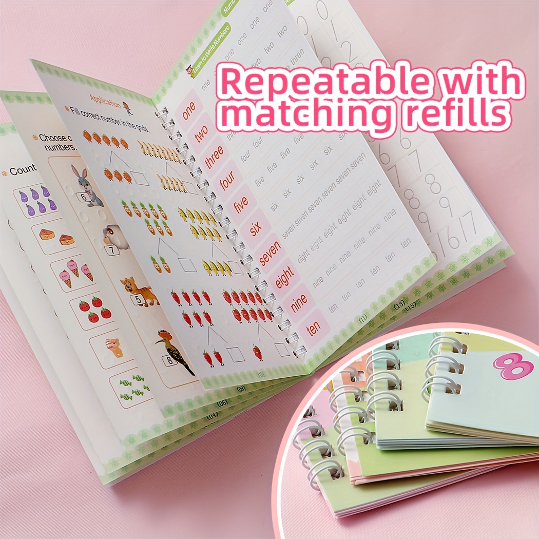 4-Pack Children's Magic Practice Copybooks Set with Pen and Refills, Reusable 3D Groove Writing Pad for Kids Ages 3-6, Traceable Alphabet, Numbers, Drawing & Math Workbooks for Preschoolers - Educational Handwriting Practice Kit