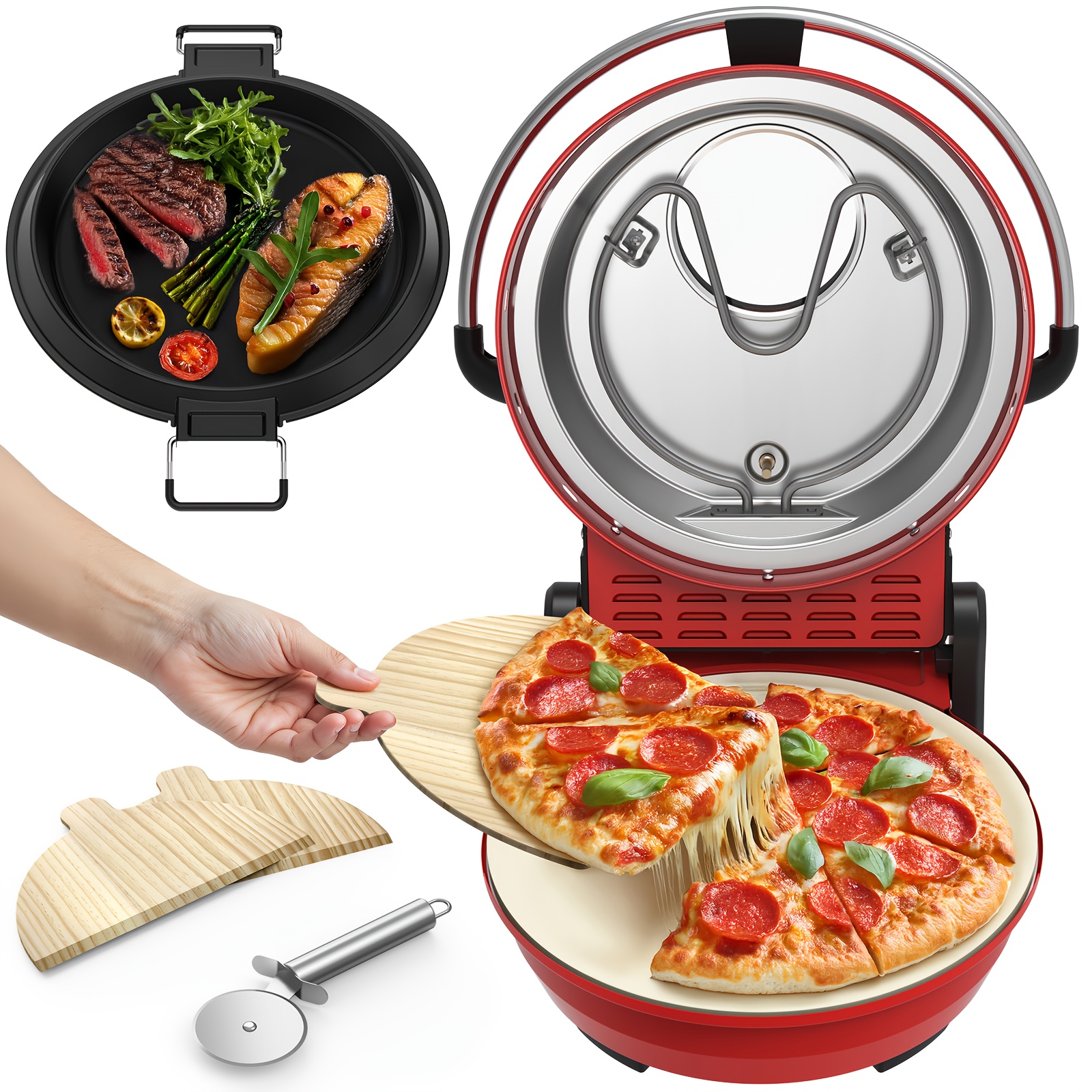 E-shop 2-in-1 Arbeitsplatten-Pizzaofen, 1500W, beidseitige Heizung, schnelles Aufheizen bis F, ausgestattet mit 12-Zoll-Pizzastein Backblech, ideal für