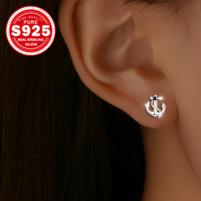 Women's S925 Silver Anchor Stud Earrings with Zirconia Accents