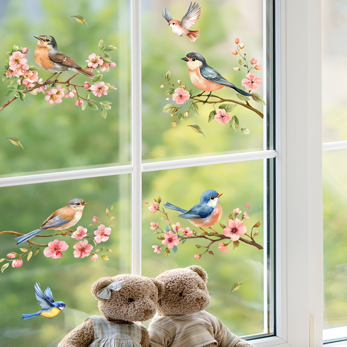 E-shop Frühlings- und Sommer-Vogel- und Ast-Fensteraufkleber - Ein lebendiger, selbstklebender Blumenaufkleber mit Blauaugen, und blühenden Blumen,