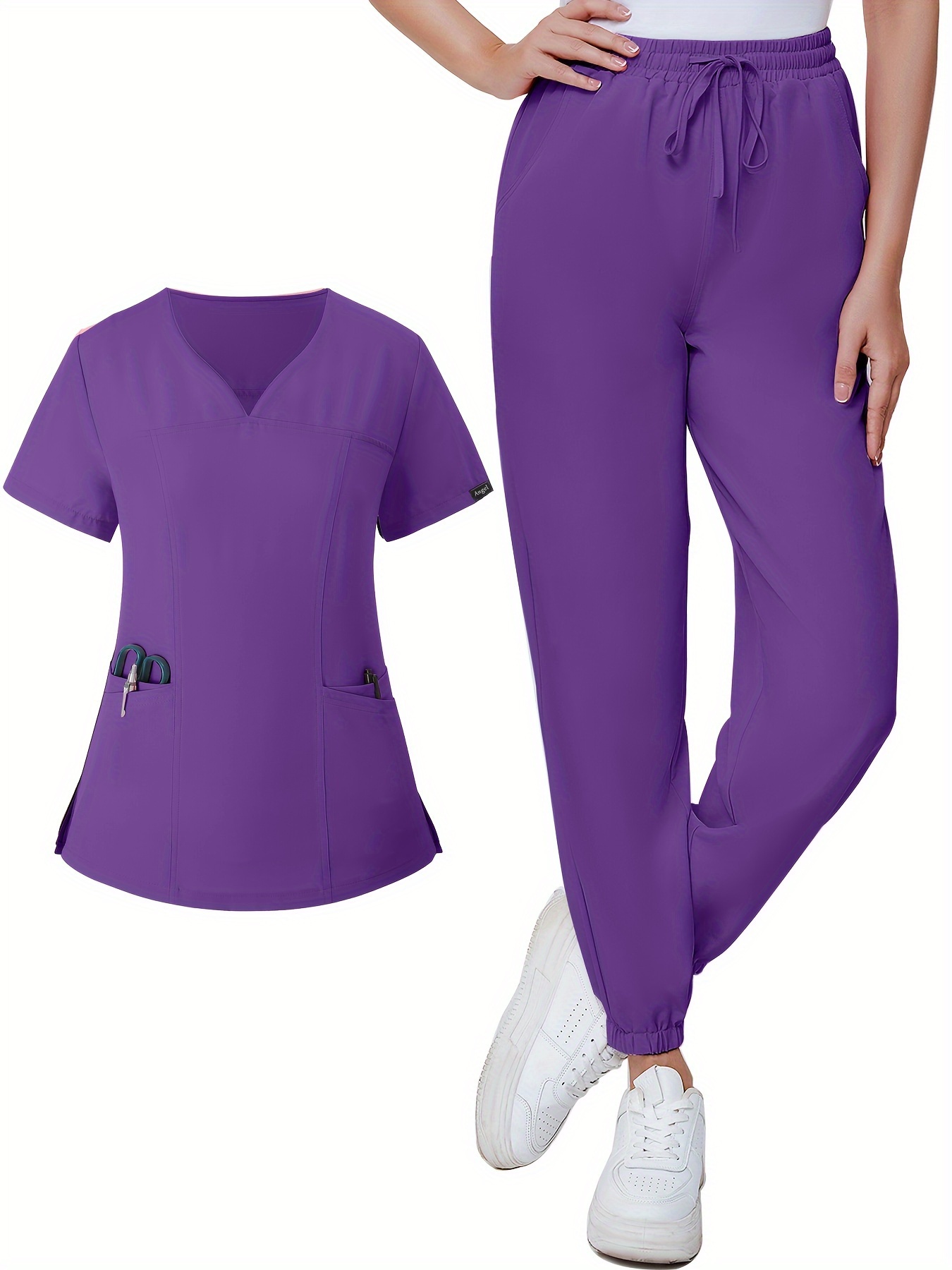  Conjunto de uniforme de trabajo de enfermería para mujer,  camiseta de manga corta + pantalones, cuello en V con bolsillo, cintura  elástica, pantalones elásticos : Ropa, Zapatos y Joyería