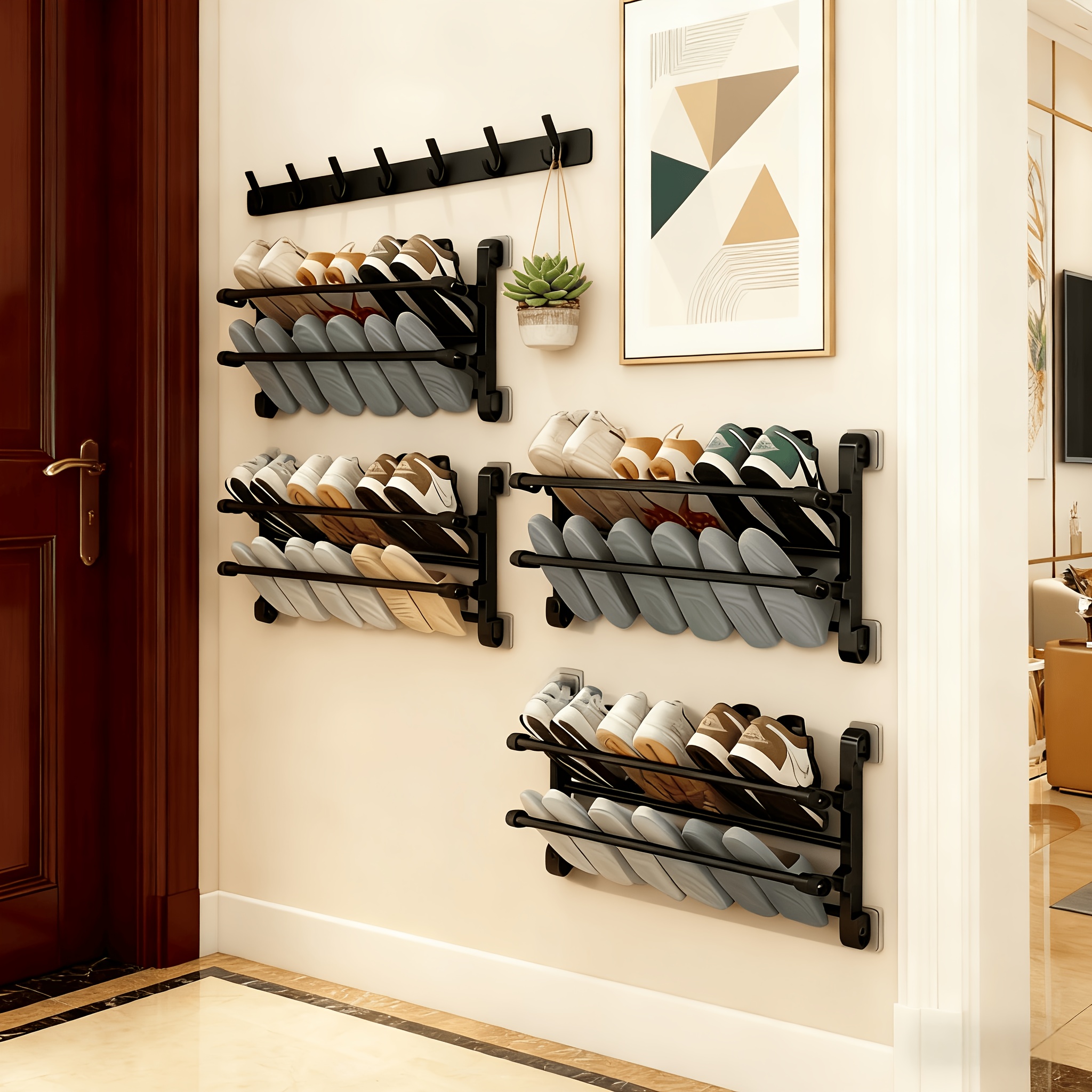 1pc heavy duty wall mounted shoe rack no drill   installation space saving metal shelf with multi tier vertical horizontal organizer suitable for entryway hallway small apartments assembly sturdy shoe storage