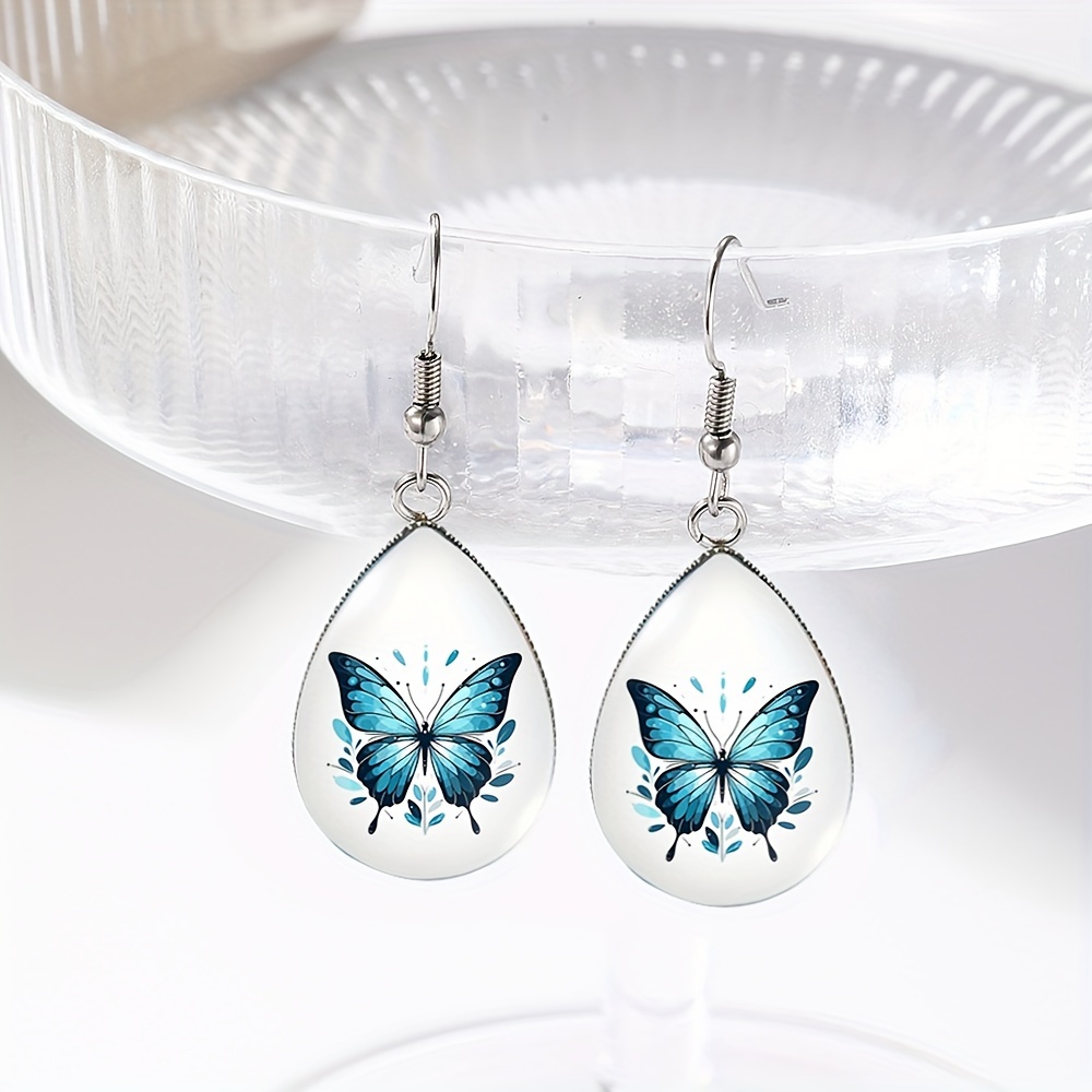 TEMU 1 Pair Blue Teardrop Earrings Handmade Glass Dome Dangle Earrings Jewelry