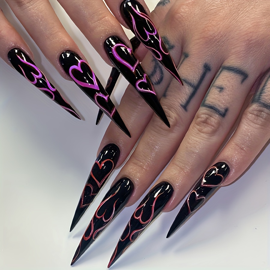 

24pcs Black Stiletto Long Press-on Nails With Colorful Love Heart Design, Full Coverage Glossy Fake Nails For Women And Girls