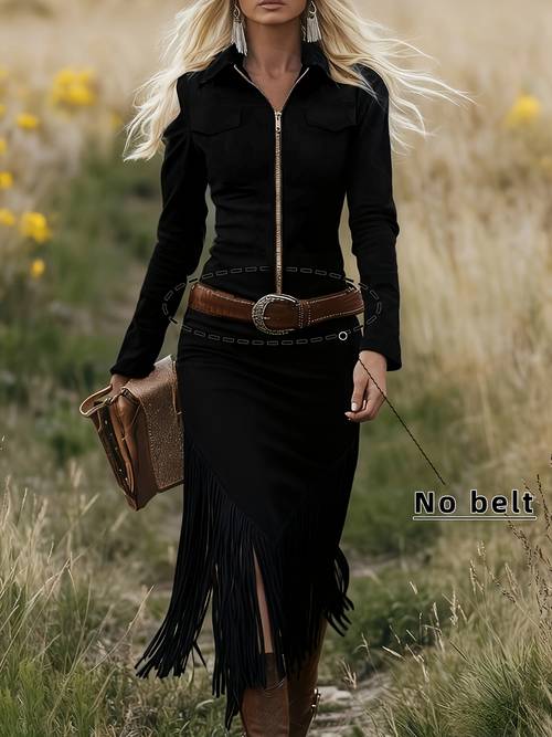 womens vintage western fringed metallic zipper long sleeve bodycon dress