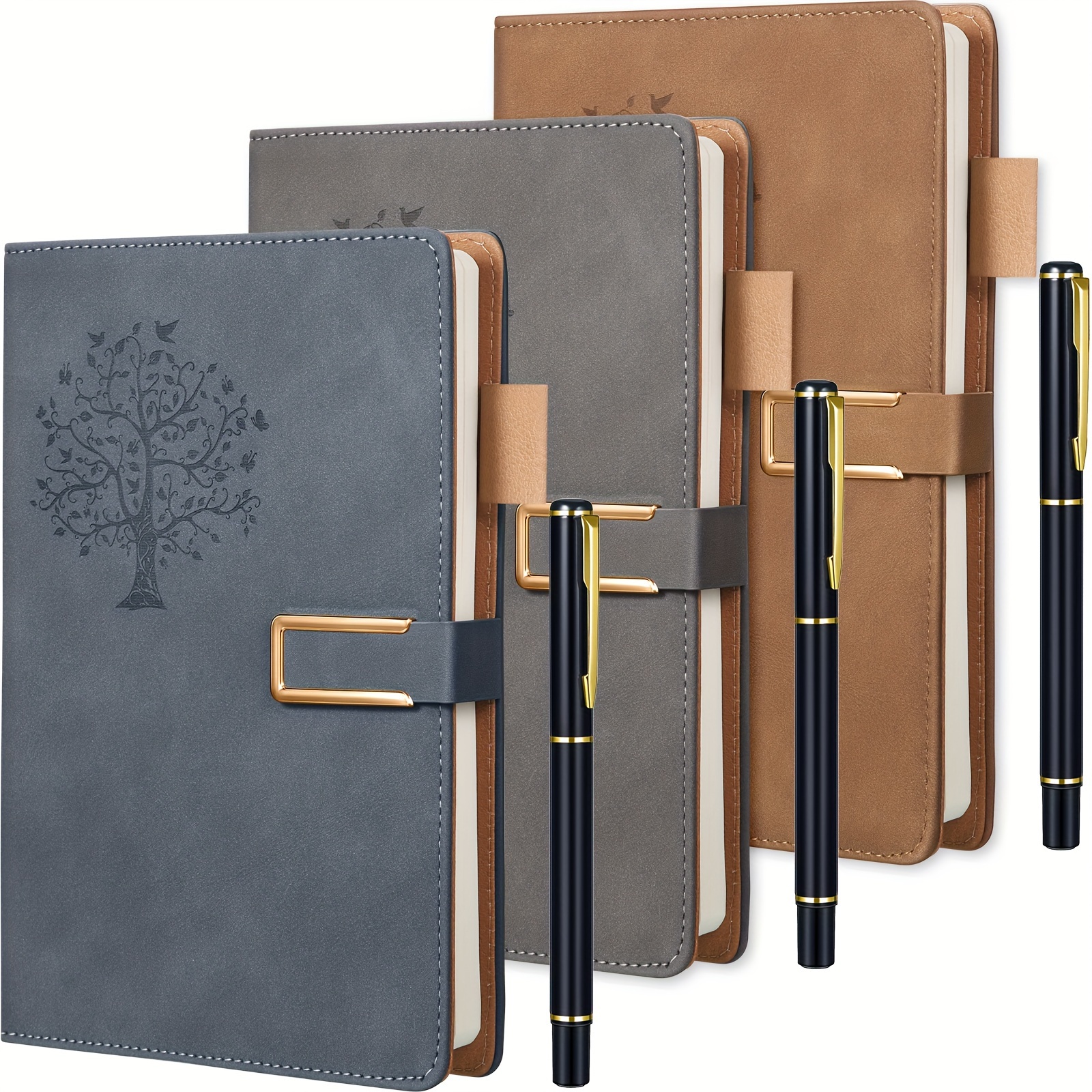 

3 Pcs Leather Journal Notebooks With Pen Tree Writing Journal Personal Journal For Women Men Travel Christmas Diary Gift A5 Magnetic Faux Hardcover Notebook 200 Lined Pages (simple)