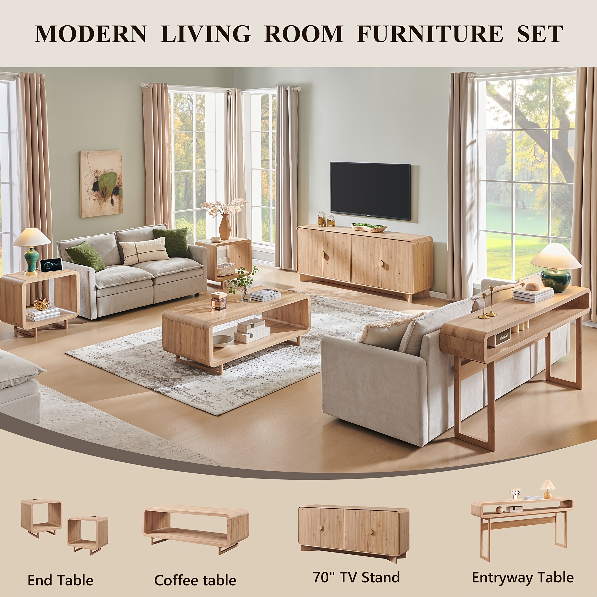 70'' Modern TV Stand, Entertainment Center with Adjustable Shelves, Curved Profile Design, Media Console for Living Room