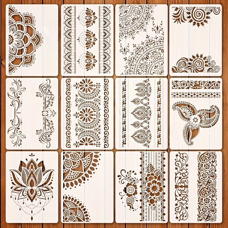 Image of 12 Mandala Border Templates, A4 Size Reusable Painting Templates, Damask Templates, Craft Templates, For Fabric, Canvas, Wall, Furniture And Home Decoration