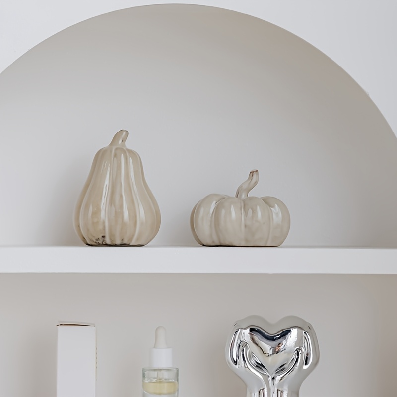 TEMU 2pcs Set Retro Style Off- Decor, Autumn Ceramic Pumpkin Ornament, Handmade Distressed Cream-style Pumpkin, Halloween Home Entryway Tabletop