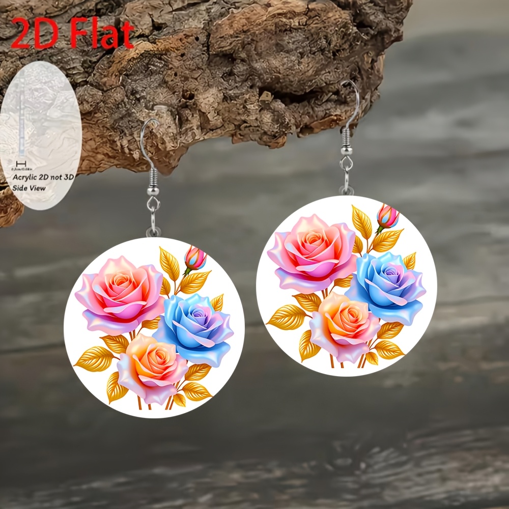 2D Acrylic Pink Blue Gradient Rose Earrings, Daily Wear