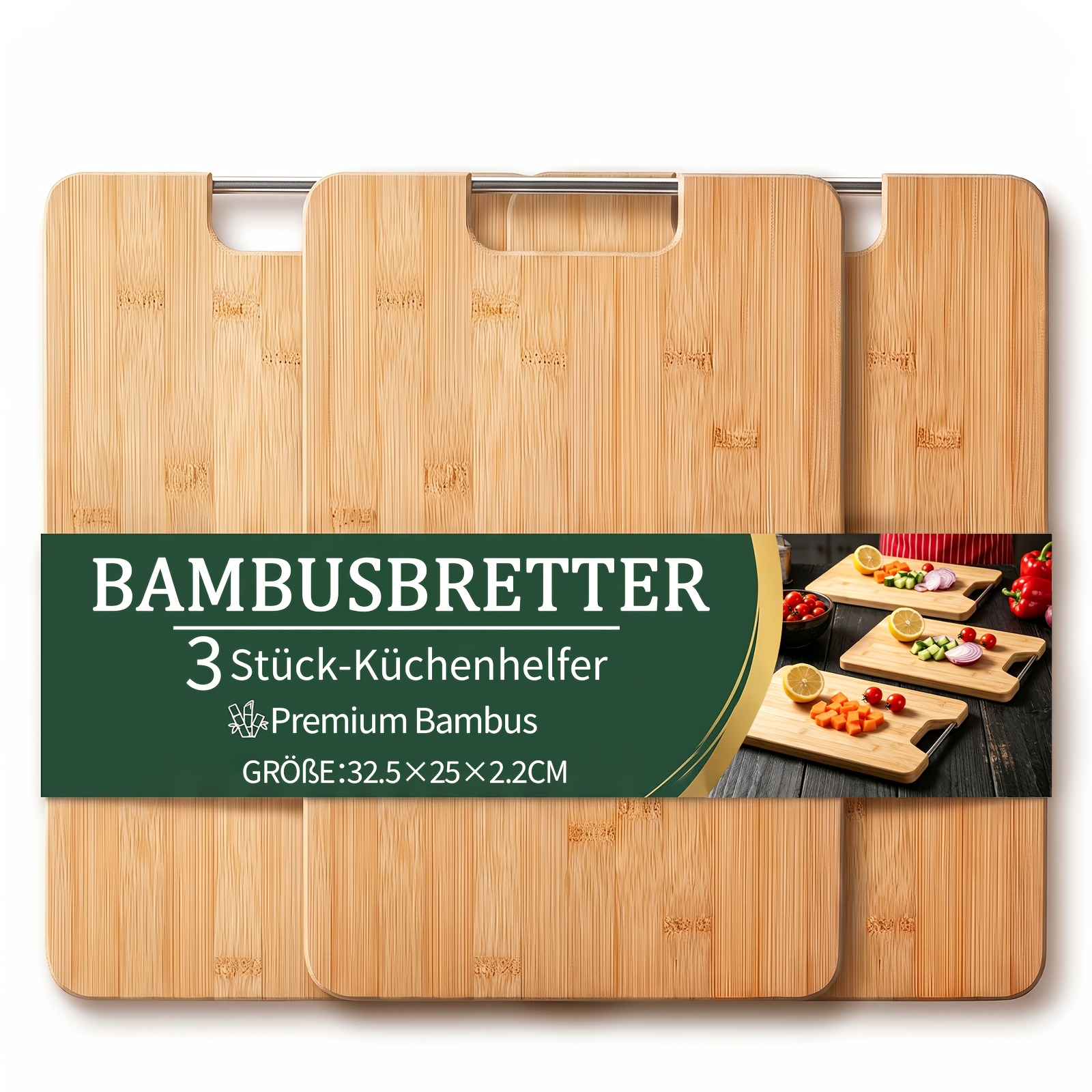 TEMU 3pcs Bamboo Cutting Board Set, 0.7in Thickened Design, Built-in Handle, Durable Construction, Easy To Clean, Bamboo Chopping Board, Suitable For