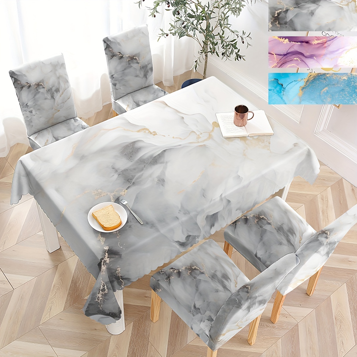 

（jit Product）4pc Printed Marble Pattern Chair Covers And 1pc Tablecloth Set - Easy To Care, For Dining, Party Decoration And Gifts