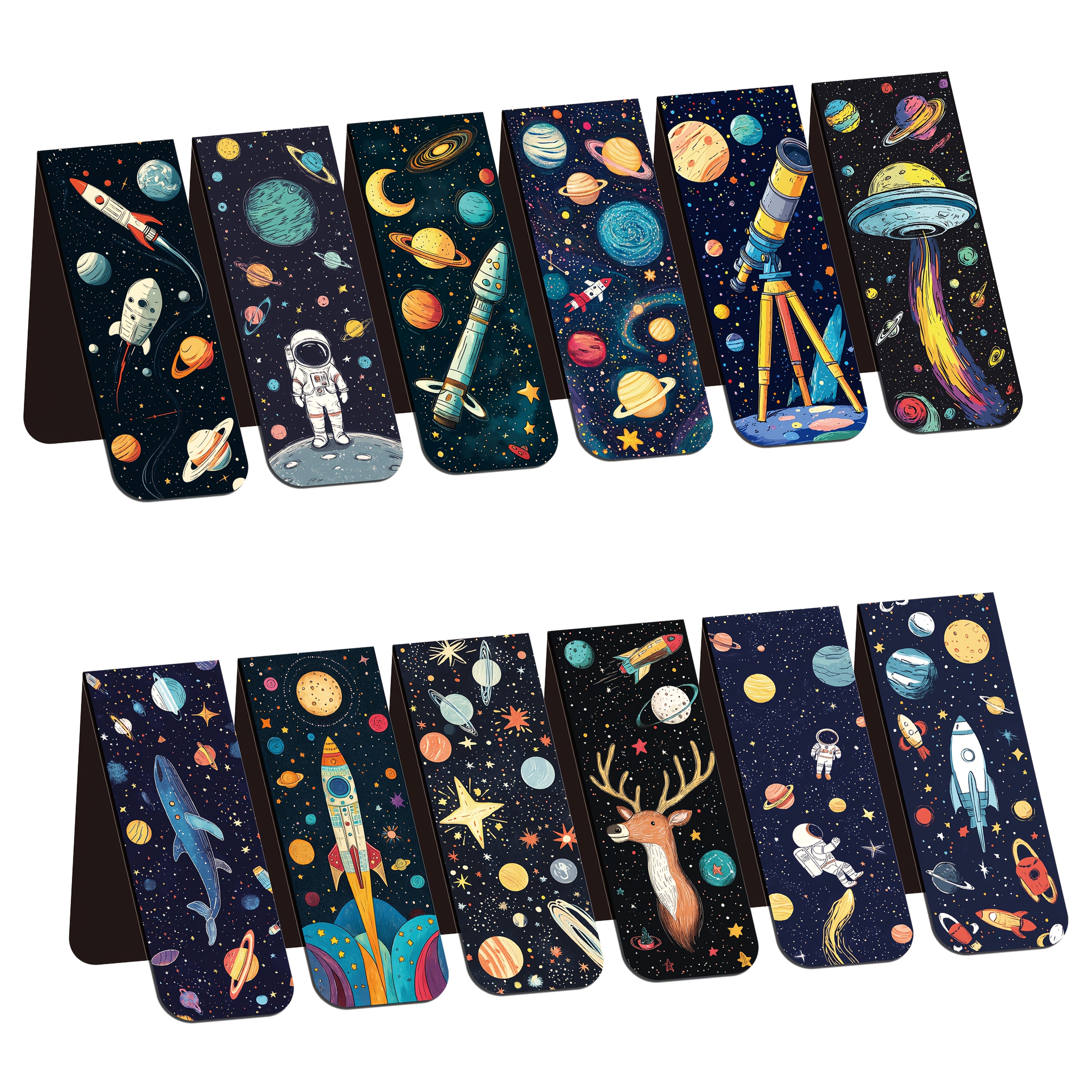 12pcs Space-themed Magnetic Bookmarks - Design Page Markers With , , Planets & Stars For Students, Teachers, And Office Use