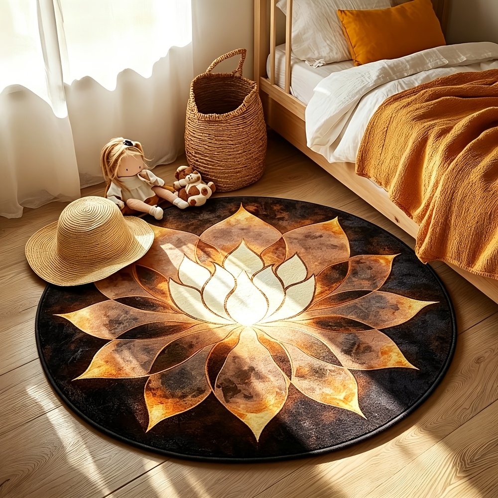 TEMU 1pc Brown And Golden- For Lotus Design Non-slip Round Entrance Rug, Bath Mat, 0.39 Inch Thickness, 540g Soft Flannel Material With Memory Foam