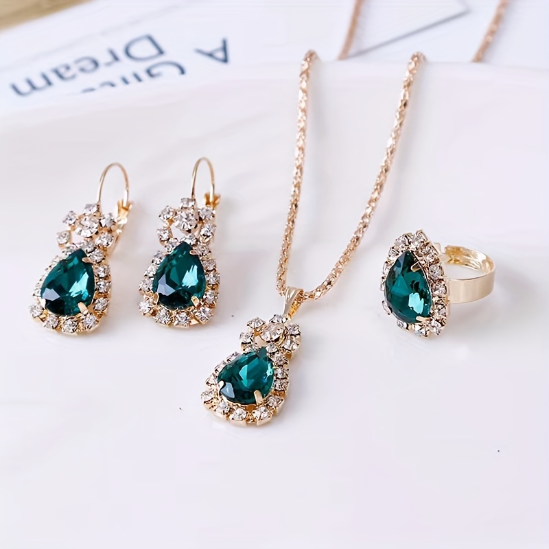 4pcs Water Drop Necklace, Earring & Ring Set for Women