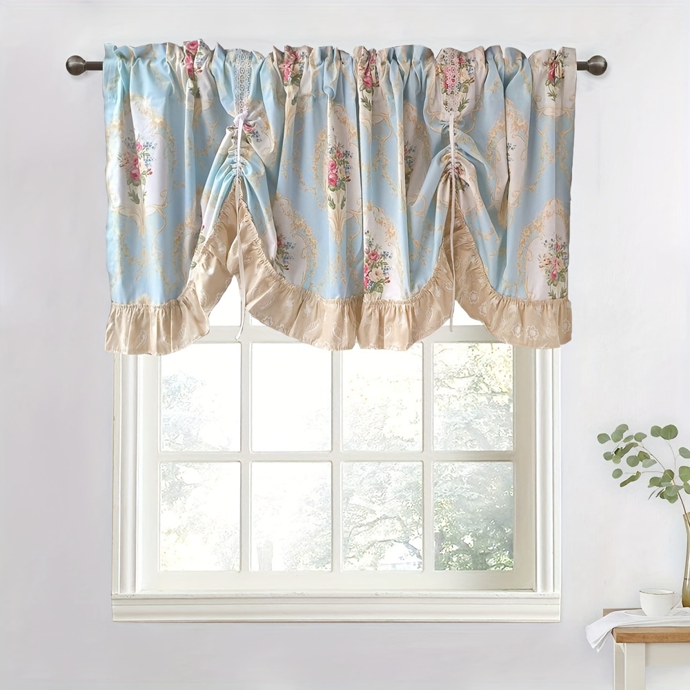 

1pc Aifish Vintage Floral Ruffle Short Curtain Valance, Adjustable Semi-sheer Polyester Rod Pocket Window Treatment For Kitchen, Dining Room, Cafe - , Woven, 59in Wide