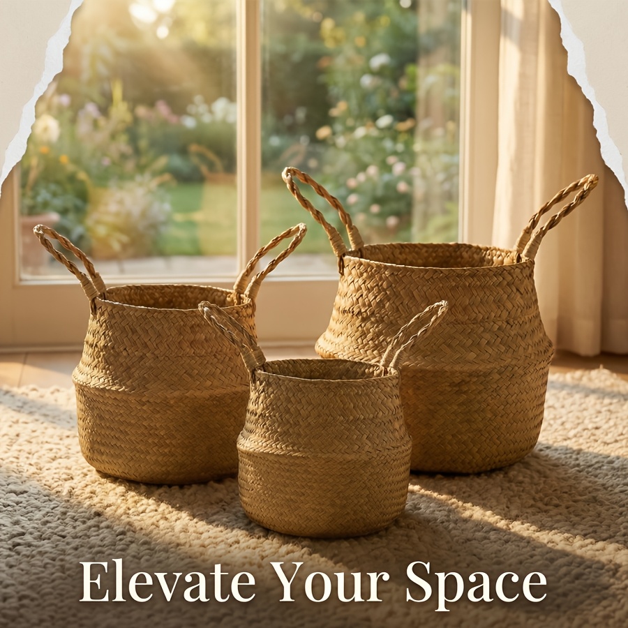 3 cestas de almacenamiento de hierba marina | Soportes vintage tejidos para macetas con asas para picnic, supermercado, lavandería, cestas para estantes