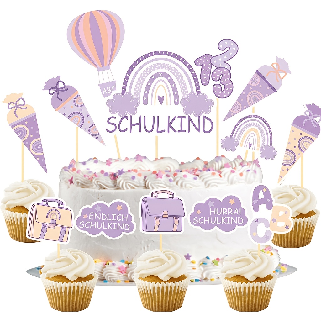 13pcs Back To School Cake Toppers Set - German Schulkind First Day Of School Cupcake Toppers With Rainbow School Bag For Party, Birthday Classroom Decorations