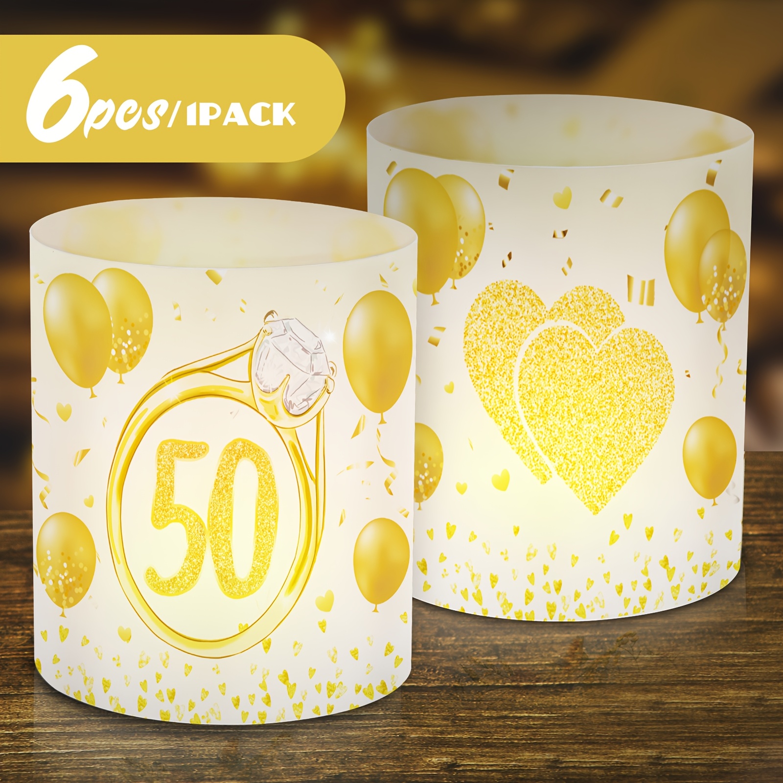 Image of 6pcs Of Gold-colored Heart-shaped Lampshade Decorations – Gift For The 50th Wedding Anniversary – With Tea Lights, Designed In For Golden To Add A And To – Ideal For Golden Weddin