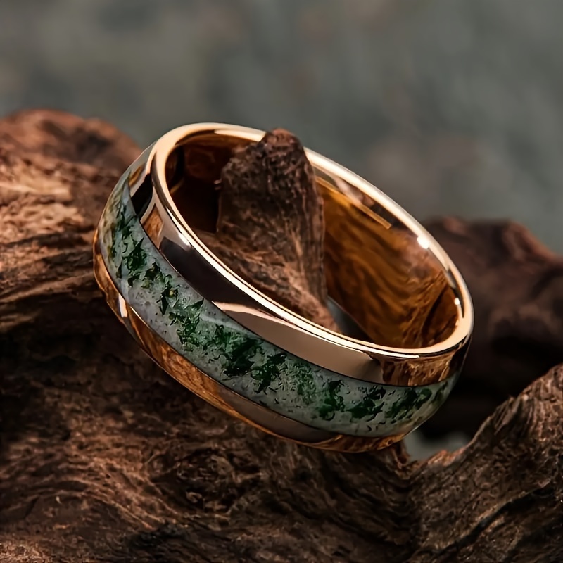 

8mm Men's Wedding Ring - Polished Stainless Steel, Imitating Moss And Agate Decorations, Golden , Engagement Ring, , Hypoallergenic, , Affordable, Suitable For His Gift