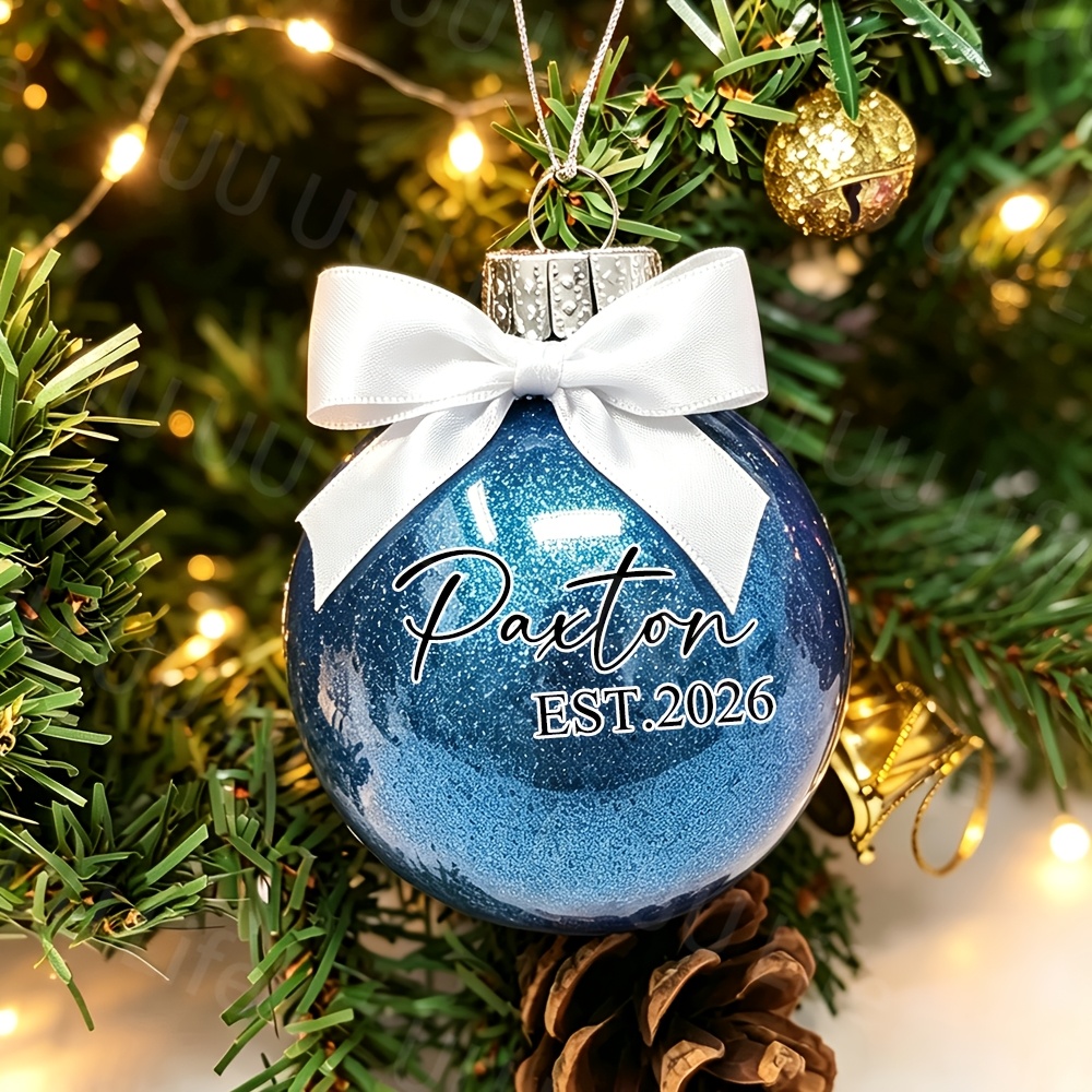 TEMU Custom Christmas Ornament Balls With Personalized Name, Text, And Date, Glitter Christmas Balls With Bow Ribbon, Christmas Tree Decoration