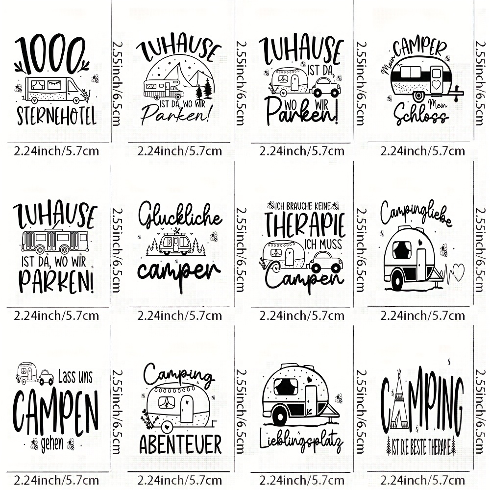 12pcs Deutsche Camping Themed Uv Transfer Stickers - For Crafts, Mugs, Laptops & Water Bottles, Self-adhesive Plastic Decals, Mug Decoration