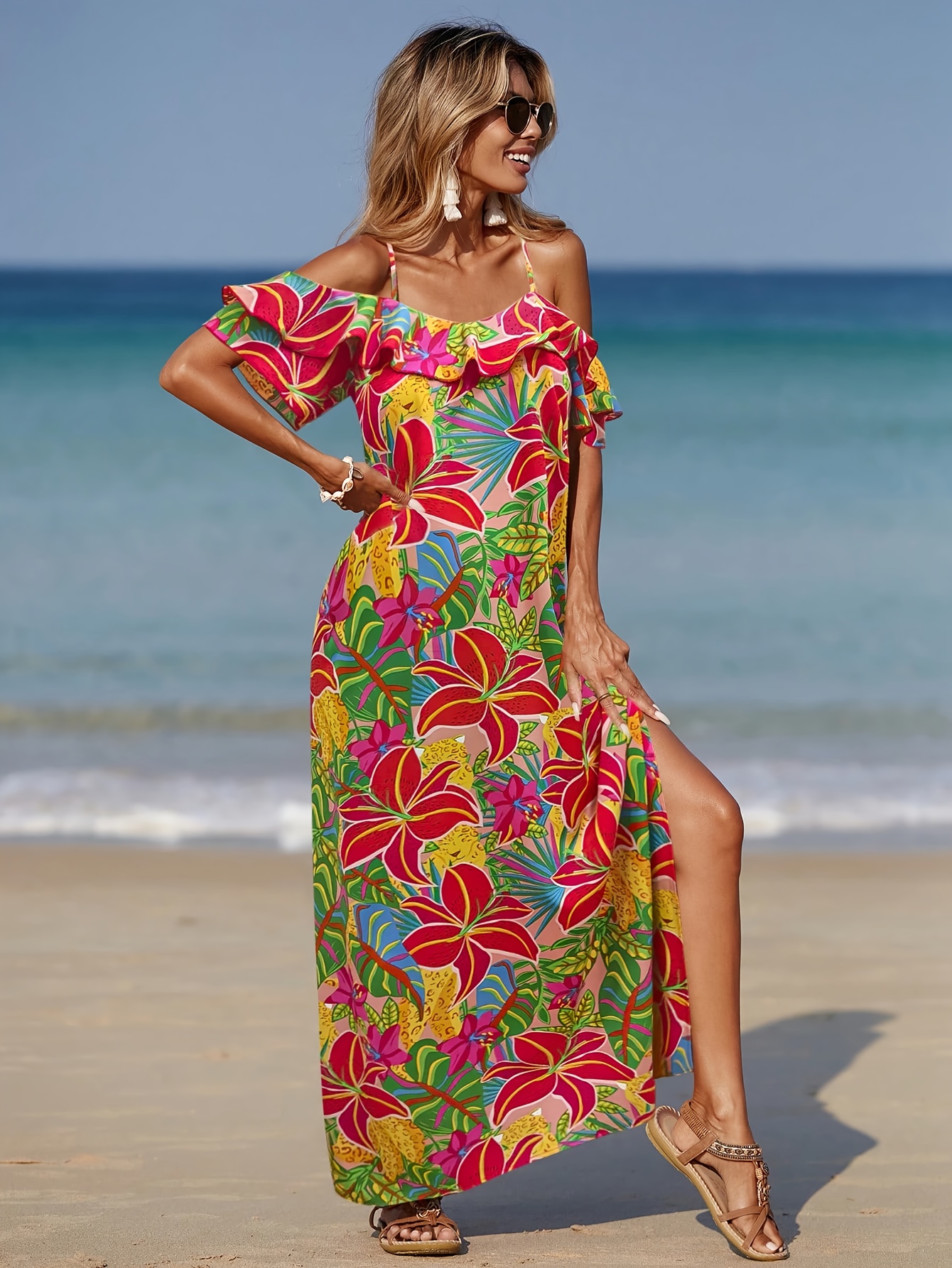 amazon long beach dresses Amazon Print Maxi Long Beach Dresses For Women Womens Elegant Shoulder  Floral Print Beach Dress Side