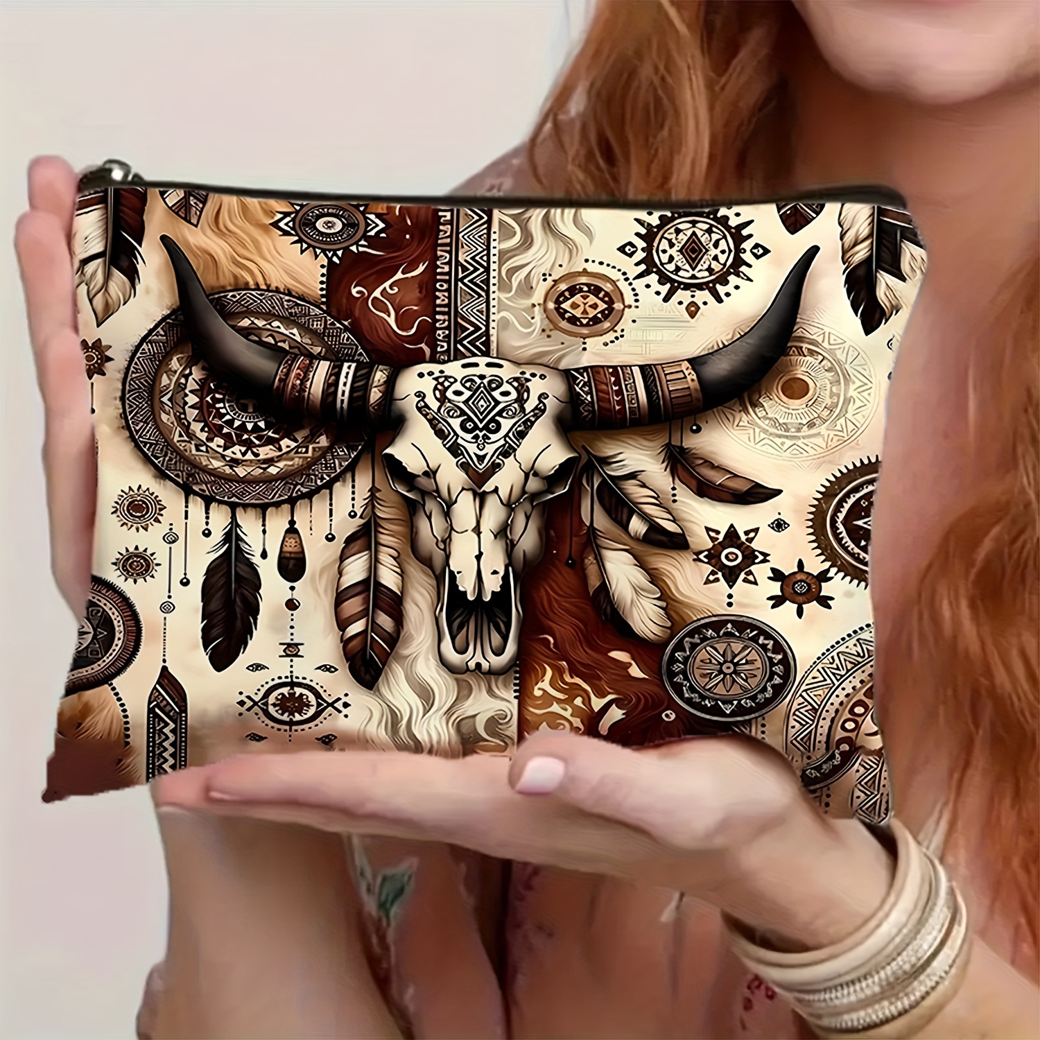 Image of Chic Western Cow Makeup Bag - Country Style Cosmetic Pouch For Women, Perfect Gift For Cowgirls & American Indian Enthusiasts