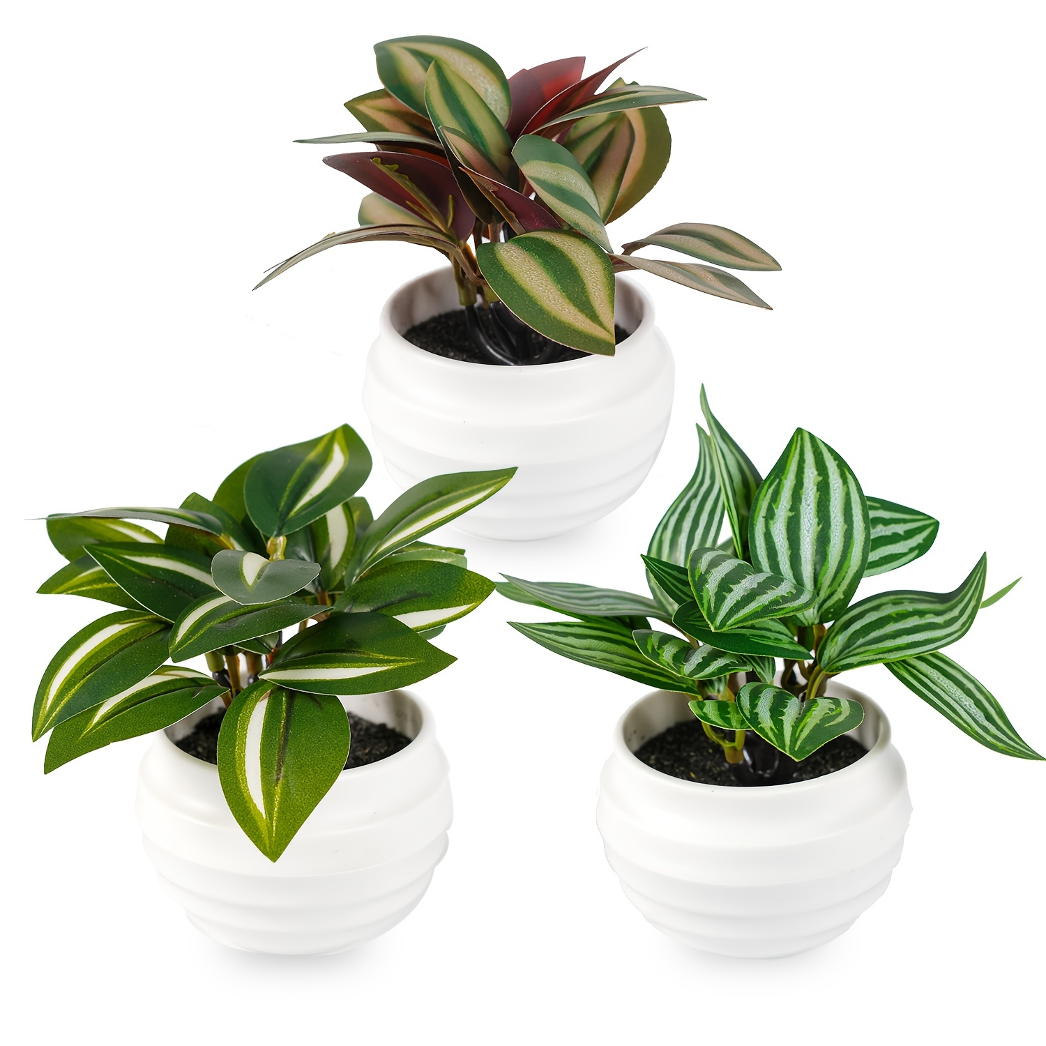 

3pcs Lifelike Artificial Green Potted Plants - Maintenance-free Bonsai With Diverse Leaf Patterns In White Pots For Indoor Decor, Ideal For Easter Display, Cute Planter Pots