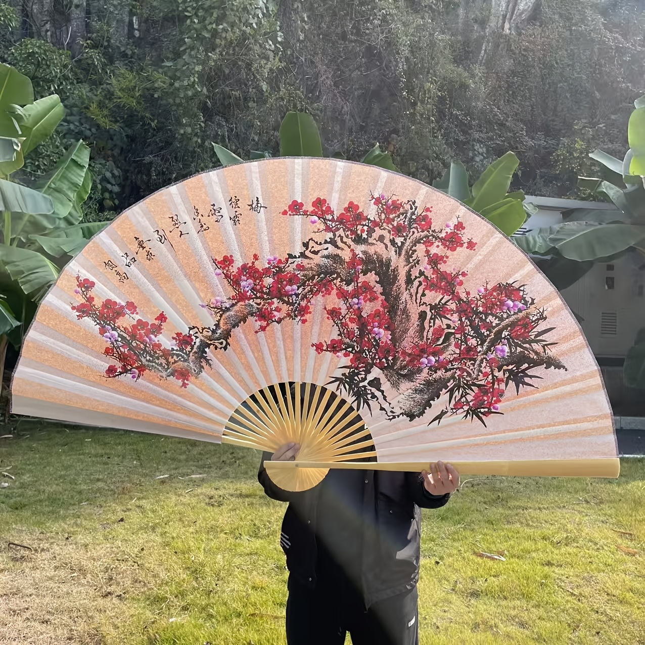 TEMU Extra Large Chinese Style Folding Fan, Height 35.43in Length 63in Chinese Folding Fan, Large Decorative Hanging Fan, Chinese Home Decor,