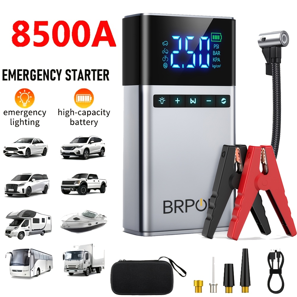 E-shop Tragbarer Auto-Starthilfe 8500A mit Luftkompressor - 150PSI, USB Wiederaufladbarer Lithium-Akku, 400 Lumen Taschenlampe, Geeignet für Digitalen