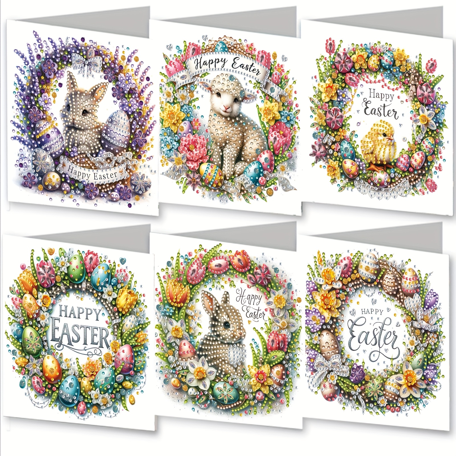 TEMU 6pcs/set 15.0*30.0cm/5.9*11.81inch Diy Diamond Painting Colorful Holiday Greeting Cards Easter Cute Small Animal Wreath Pattern Special Shaped