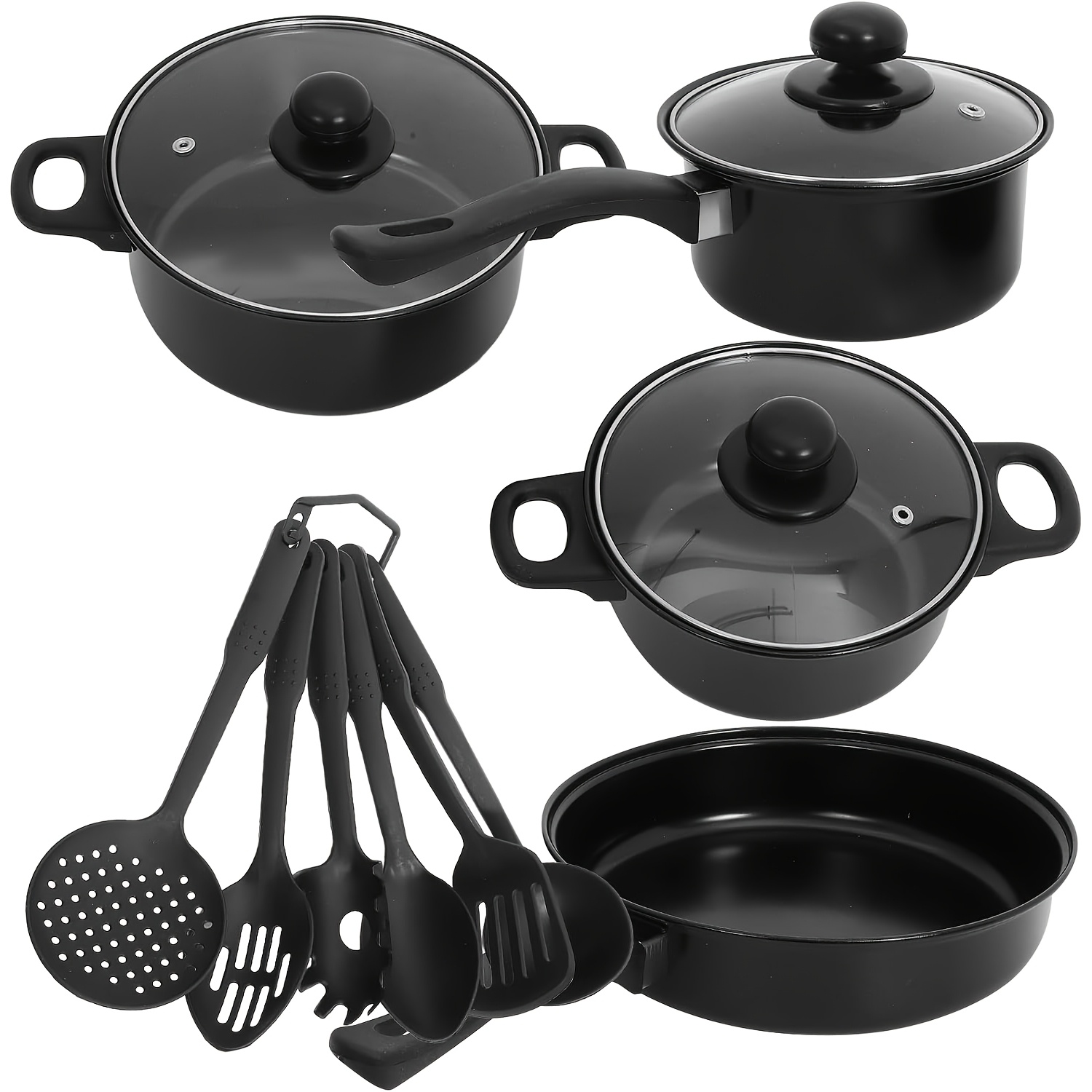 13pcs set non stick pots and pans with glass lids lightweight and portable including frying pan milk pan and nylon cutlery camping picnicking traveling black details 1