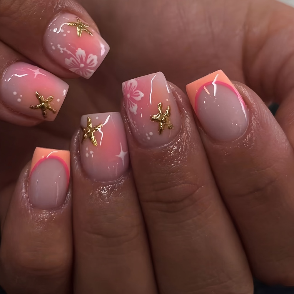 TEMU 24pcs Press-on Nails, Medium Short Square Shape, Pink-peach Gradient With White Hibiscus Print & 3d Golden Starfish Decor, Summer Beach Style