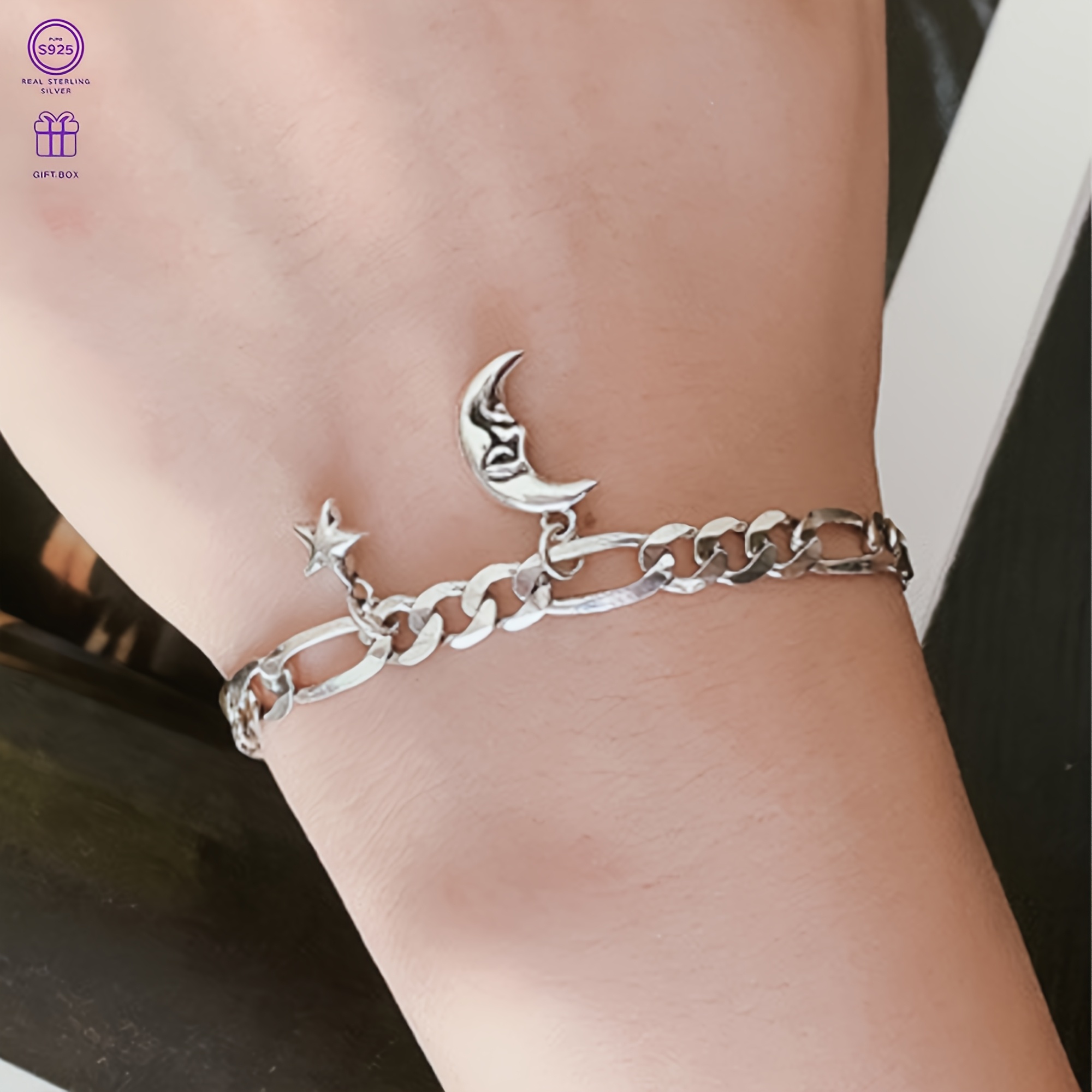 S925 Silver Moon & Stars Pendant Bracelet