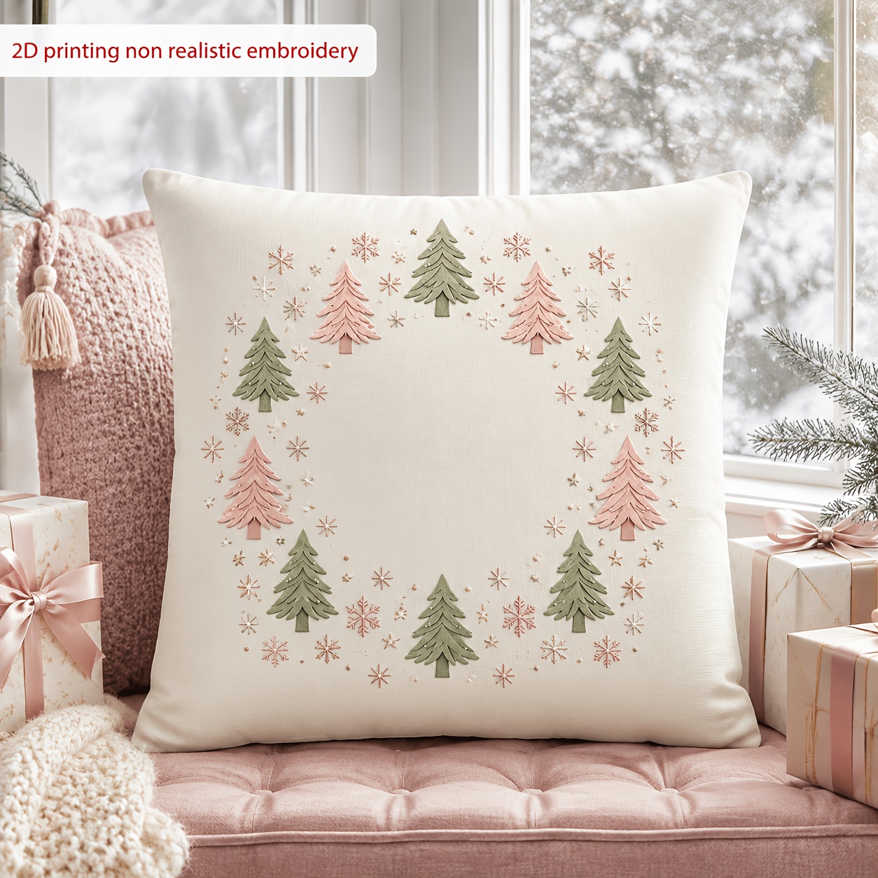 TEMU 1pc/2pcs/3pcs/4pcs Halloween Christmas 2d Printed Tufted Pillowcase, Multiple Sizes, Pink And Green 3 Christmas Trees With Snowflake Pattern,
