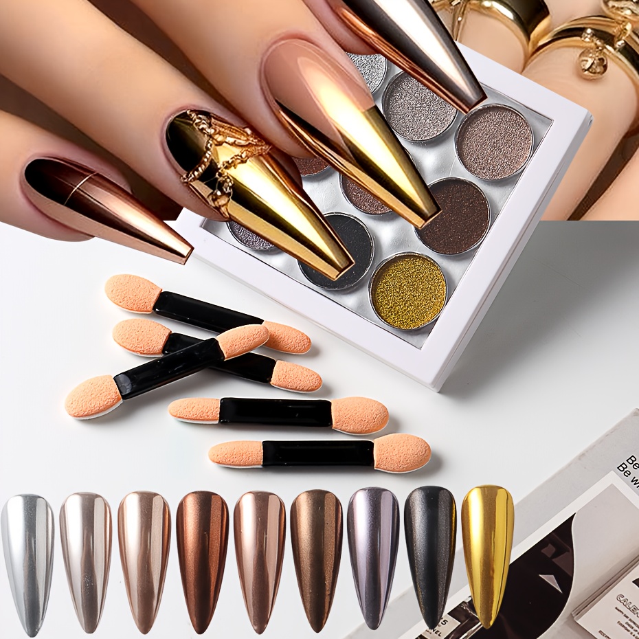 9 Solid Color Chrome Nail Powders with Sponge Applicators