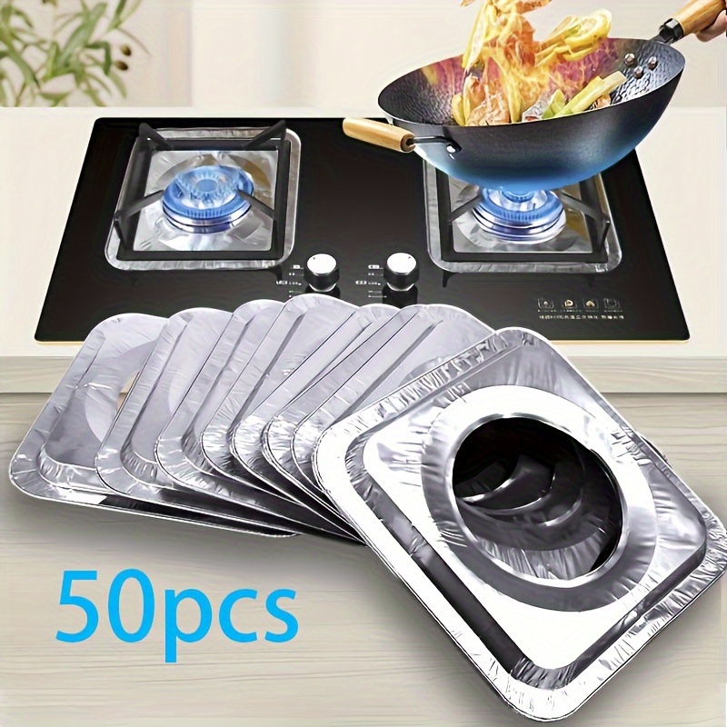 

50pcs Gas Stove Liner Protection Set - Oil-proof Stickers, Table Covers, Tin Paper Rings & Aluminum Foil Paper
