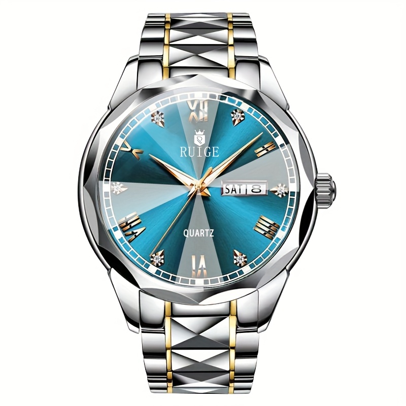 RUIGE Men's Quartz Watch with Night Light, Dual Calendar, Diamond-Shaped Mirror, Stainless Steel Case, Alloy Strap, Multiple Colors