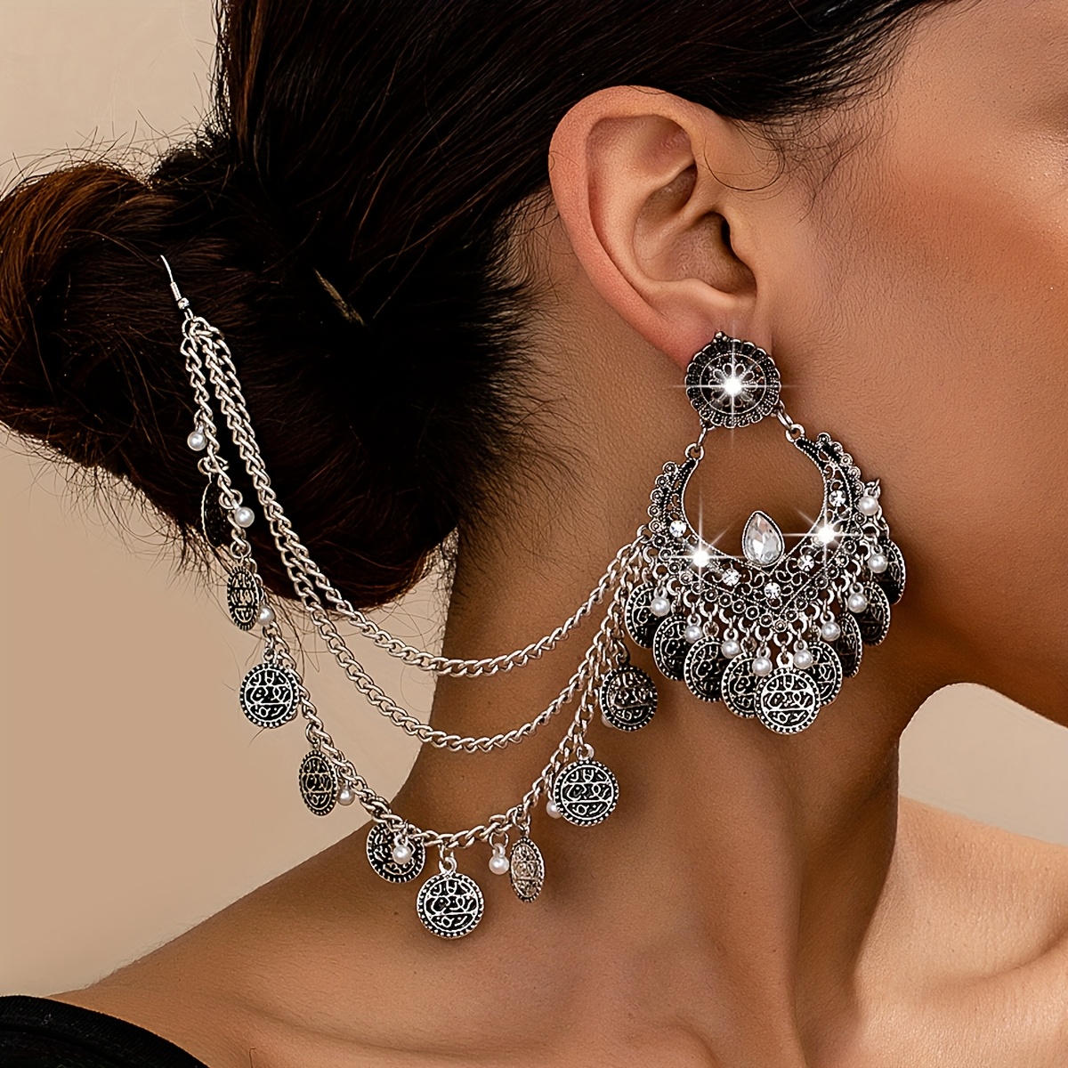 Image of A Retro And Elegant Ancient Silvery Fringed Hair Earring In A , Suitable For Middle Eastern Style. Perfect For Festivals, Birthdays, Dates, Dances, Weddings, And Vacation Occasions