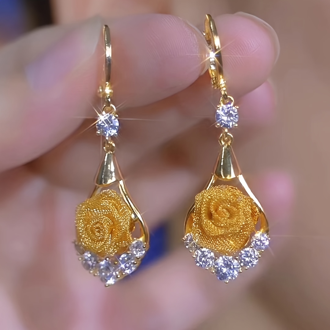 TEMU Elegant Golden Wire Mesh Teardrop Earrings With Rose & Accents - Versatile Women's Jewelry For Daily Wear, Parties & Thanksgiving - Luxury