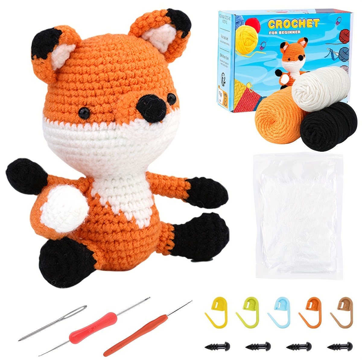 DIY Fox Crochet Starter Kit, Crochet Kit For Beginners, Crochet Starter Kit  For Adults With Crochet Hooks, Yarn, Polyester, Stitching Markers, Plastic