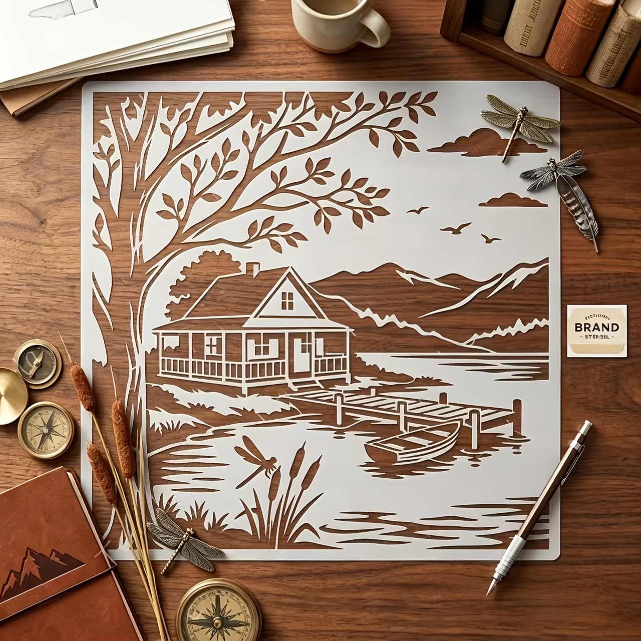 TEMU 1pc Large 11.8x11.8 Inch Reusable Washable Plastic Stencil Suitable For Painting On Canvas Fabric, Diy Lakeside Cottage Wall Art With Suitable