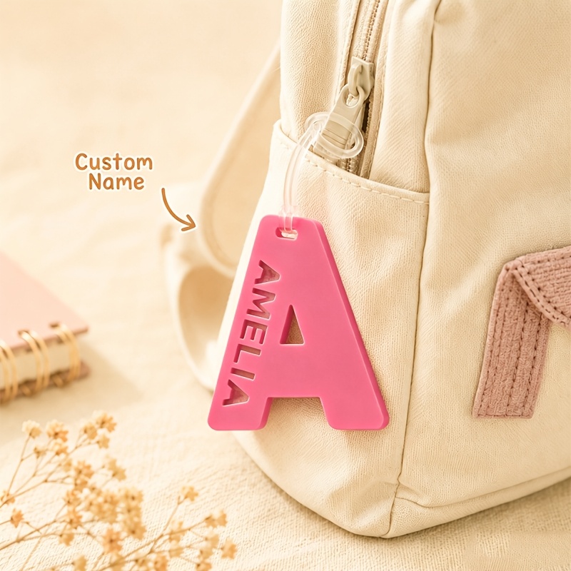 TEMU [custom] 1pc Custom Name Openwork Initial Keychain, Personalized Letter Backpack Keychain, Anti Loss Keychain Luggage Tag With Lanyard. A Travel